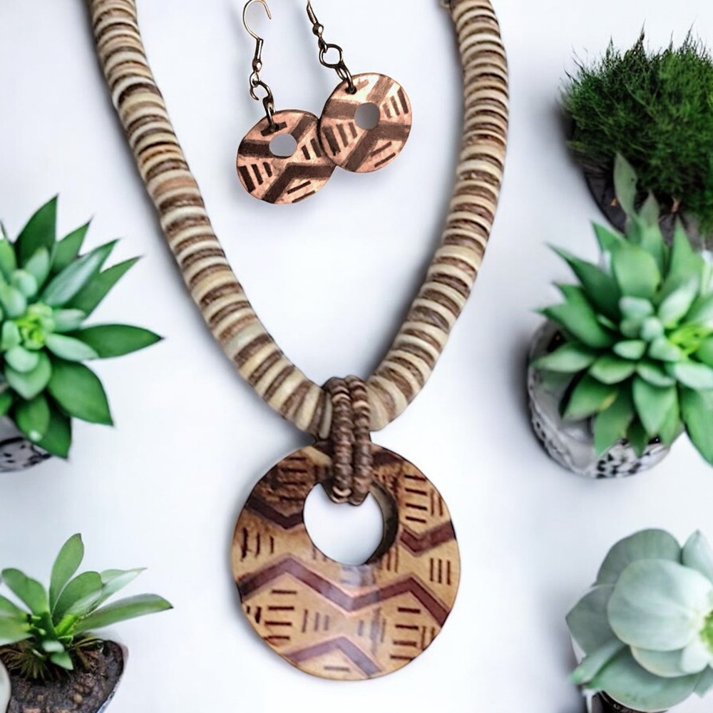 Tribal Brown Wooden Beaded Necklace & Earrings Set